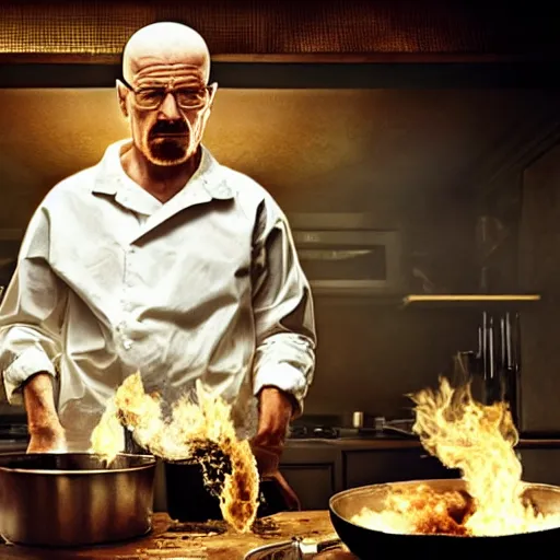 Image similar to walter white cooking eggs in a saucepan. He is looking worried. The stove is on fire. dramatic lighting, movie poster