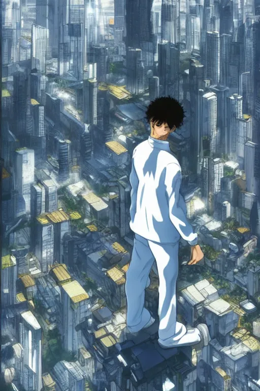 Prompt: man in white tracksuit overlooking a city, style of Mirror\'s Edge, dreamy, beautiful clouds, beautiful artwork by Makato Shinkai + Satoshi Kon, anime