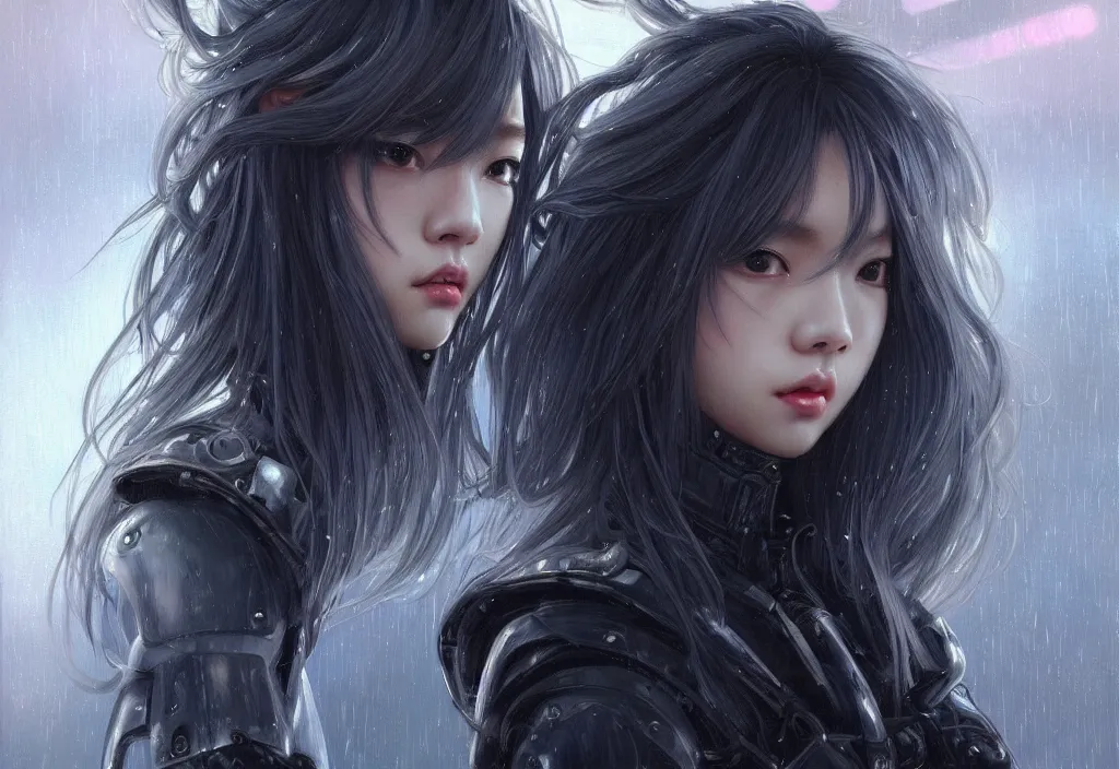 Image similar to portrait lisa blackpink + medium grey hair of futuristic police girl, black armored uniform, at futuristic cyberpunk color tokyo rainy night, ssci - fi and fantasy, intricate and very very very beautiful, highly detailed, digital painting, artstation, concept art, smooth and sharp focus, illustration, art by tian zi and wlop and alphonse mucha