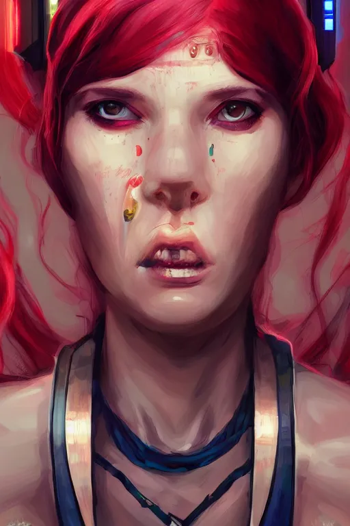 Image similar to portrait of a cyberpunk woman eating a small sun that is glowing, implants, red hair, cocept art, artststation, beautiful