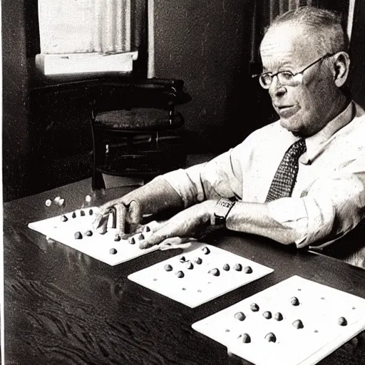 Prompt: Mike tysen sitting at a table using an abacus to count