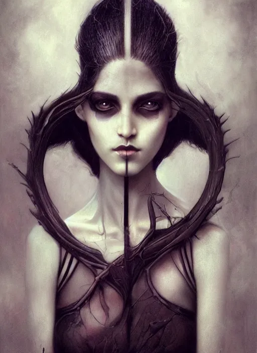 Image similar to blender, artwork, symmetrical realistic, portrait, close - up, dark witch, painting by tom bagshaw, smooth, sharp focus