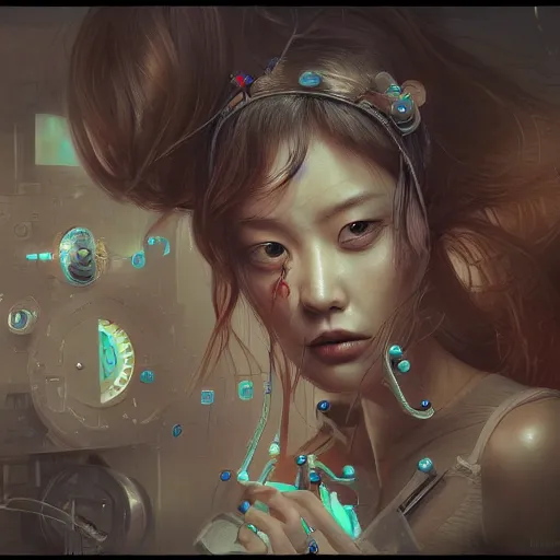 Image similar to hyperrealistic photography of a machine entering a female host in the style of Jin Kagetsu, James Jean and wlop, highly detailed, sharp focus, intricate concept art, digital painting, ambient lighting, 4k, artstation