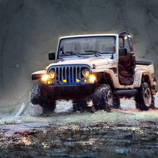 Image similar to a muddy 1997 hardtop white Jeep Wrangler drowning in quicksand, digital art, beautiful iridescent fog swallows the dirty swamp, gritty, cinematic, extraordinary colorful landscape, photorealistic, soft vintage glow