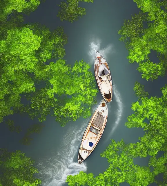 Image similar to an overhead close shot of a boat in a narrow stream, shady, ripples, reflections, trees, stream shore. By Makoto Shinkai, Stanley Artgerm Lau, WLOP, Rossdraws, James Jean, Andrei Riabovitchev, Marc Simonetti, krenz cushart, Sakimichan, trending on ArtStation, digital art.