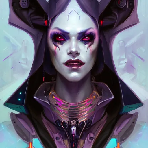 Image similar to a portrait of a beautiful demonic cybernetic queen of hell, cyberpunk concept art by pete mohrbacher and wlop and artgerm and josan gonzales, digital art, highly detailed, intricate, sci-fi, sharp focus, Trending on Artstation HQ, deviantart, unreal engine 5, 4K UHD image