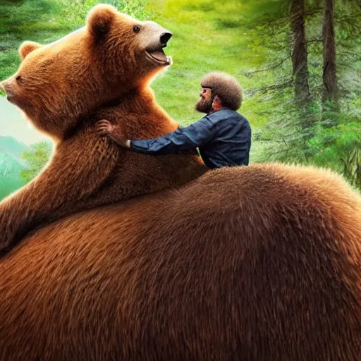 Image similar to the bob ross riding on the back of a brown bear, outdoor, hyperrealistic, shutterstock contest winner, digital art, national geographic photo