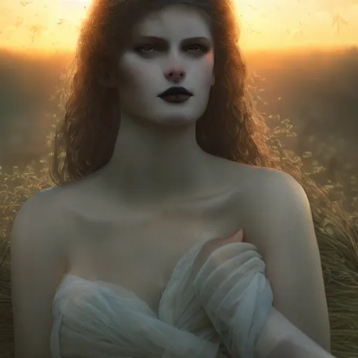 Image similar to photographic portrait of a stunningly beautiful gothic female in soft dreamy light at sunset, by edward robert hughes, annie leibovitz and steve mccurry, david lazar, jimmy nelsson, breathtaking, 8 k resolution, extremely detailed, beautiful, establishing shot, artistic, hyperrealistic, beautiful face, octane render