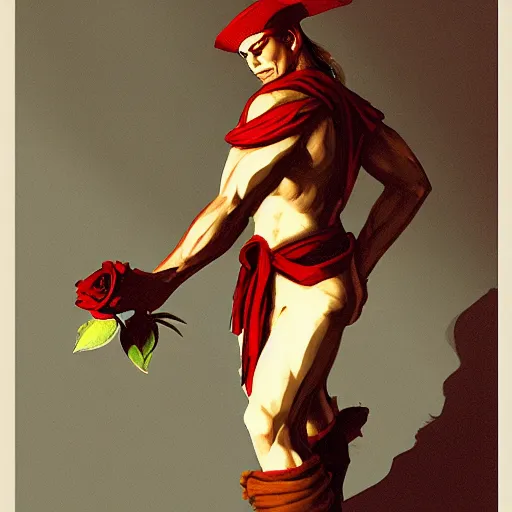 Image similar to Vega from street fighter holding a rose, in the style of Frederic Remington, artstation, claw