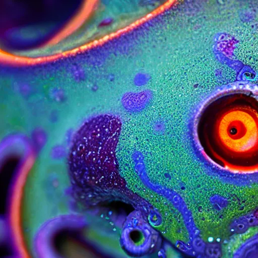 Image similar to fiery whimsical emotional eyes cephalopod, in a photorealistic macro photograph with shallow dof, in the deepest seas of the unconscious psyche