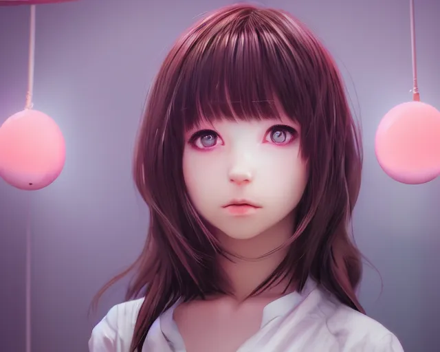 Image similar to photorealistic animatronic girl render, visual novel, detailed face, colorful, atmosphere cinematic, by wlop, by ilyu kuvshinov, soft shadows, concept art, super detailed, octane render, 8 k, unreal engine 5, super realistic, ufotable studio art style, trending in pixiv, japanese light novel cover