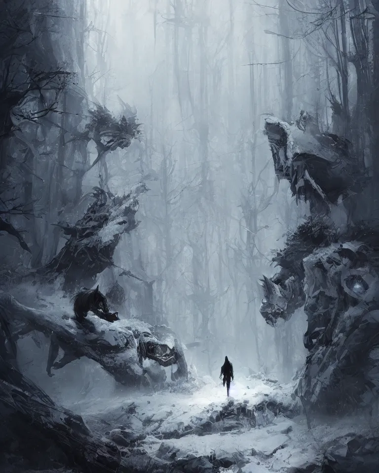 Prompt: a lone wolf stares at us in a nightmare landscape, autumn, white fur, sad, emotive, dramatic lighting, high detail, cinematic, beautiful painting by wadim kashin, android jones, greg rutkowski, artgerm