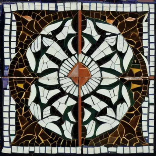 Image similar to detailed tile design, mosaic closeup, depicting swan and waterlily