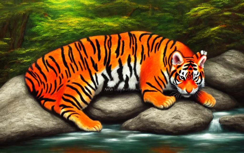 Image similar to a red tiger sitting on a large rock within a woodland creek, highly detailed, trending on pixiv, realistic oil paint artwork made in 2 0 2 0.