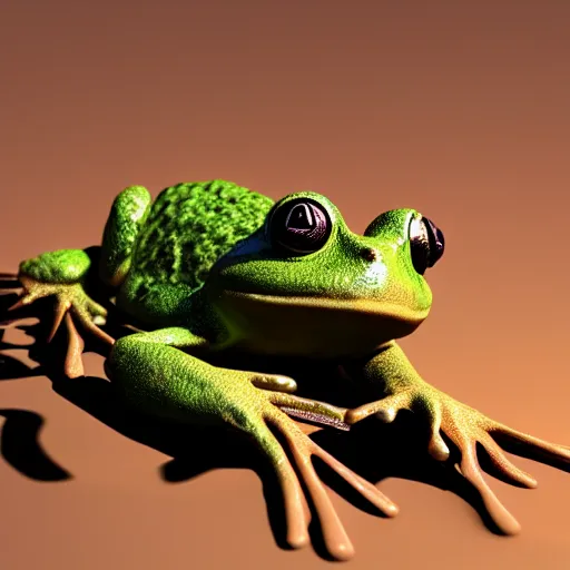 Prompt: 3d render of a happy frog eating sleeping, octane render