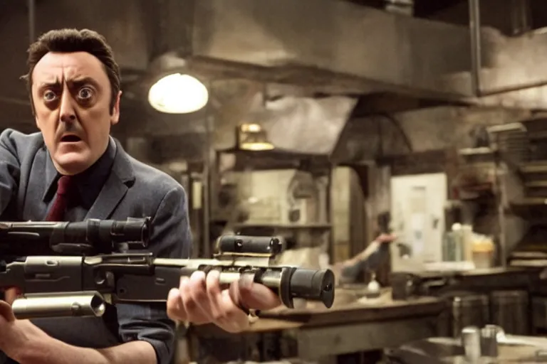 Image similar to a film still of Peter Serafinowicz in the Warner Brothers movie Kitchen Gun, high quality