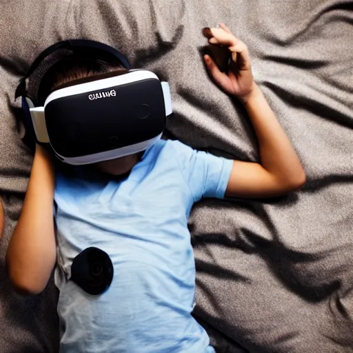 Image similar to a full-shot stock photo of a boy laying in bed with a bunch of stuff wearing a VR-headset, featured on flickr, cluttered