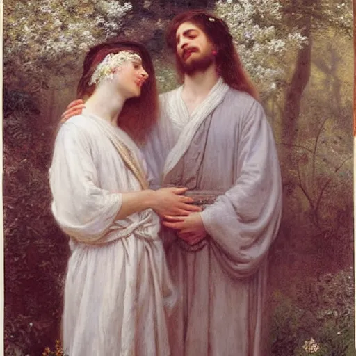 Image similar to Springtime, by Pierre-Auguste Cot, depicting two men in love dressed in white robes