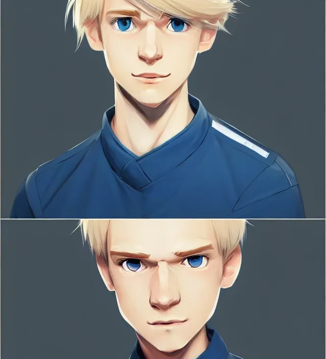 Prompt: character concept art of a cute young german boy with blond hair and bluish eyes, wearing a laboratory wear. lovely - fine - face, pretty face, key visual, realistic shaded perfect face, fine details by rossdraws, james jean, andrei riabovitchev, marc simonetti, sakimichan, trending on artstation