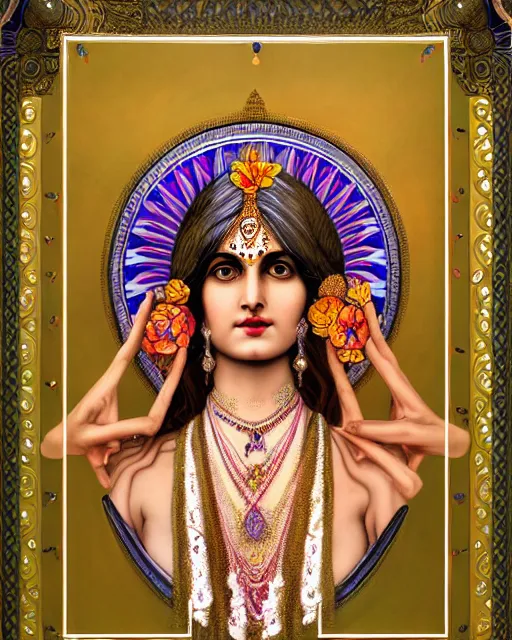Prompt: beautiful fair Indian goddess wrapped in Art nouveau Ornaments and Frame, highly detailed, digital painting, artstation, concept art, soft light, sharp focus, symmetrical, large motifs, hyper realistic, 8k image, 3D, supersharp,Art nouveau 3D curves and swirls, Glass and Gold pipes, perfect symmetry, iridescent, High Definition, Octane render in Maya and Houdini, light, shadows, reflections, photorealistic, masterpiece, smooth gradients, no blur, sharp focus, photorealistic, insanely detailed and intricate, cinematic lighting, Octane render, epic scene, 8K