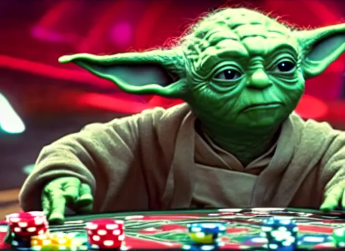 Image similar to film still of yoda gambling in Vegas in the new Star Wars movie, 4k