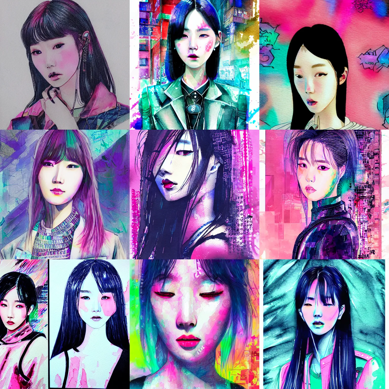 Prompt: korean women's fashion model, intricate watercolor cyberpunk vaporwave portrait by tim doyle