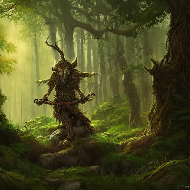 Image similar to druid protecting the forest from industry, artstation, highly detailed, illustration, fantasy,