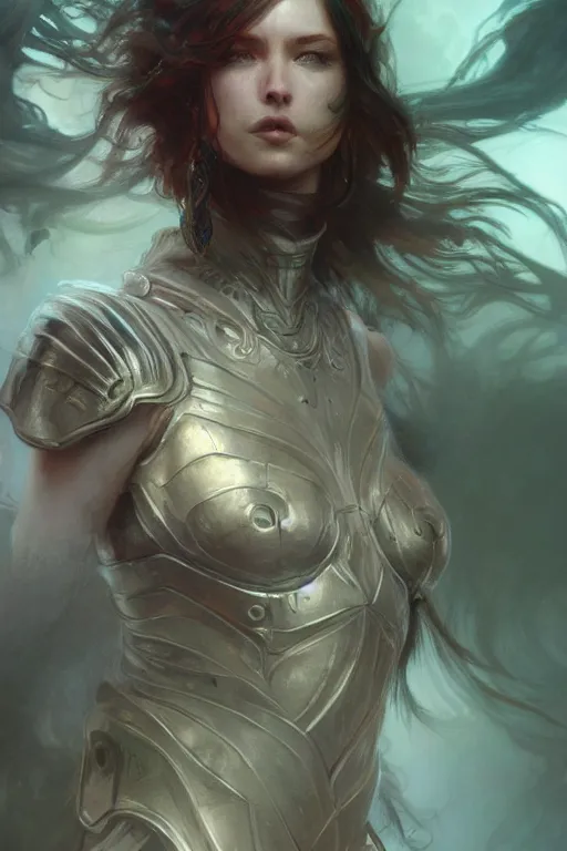 Image similar to woman with pale skin and battle armor, fog, volumetric lighting, intricate, elegant, highly detailed, digital painting, artstation, concept art, smooth, sharp focus, art nouveau, synthwave, art by raymond swanland and alphonse mucha