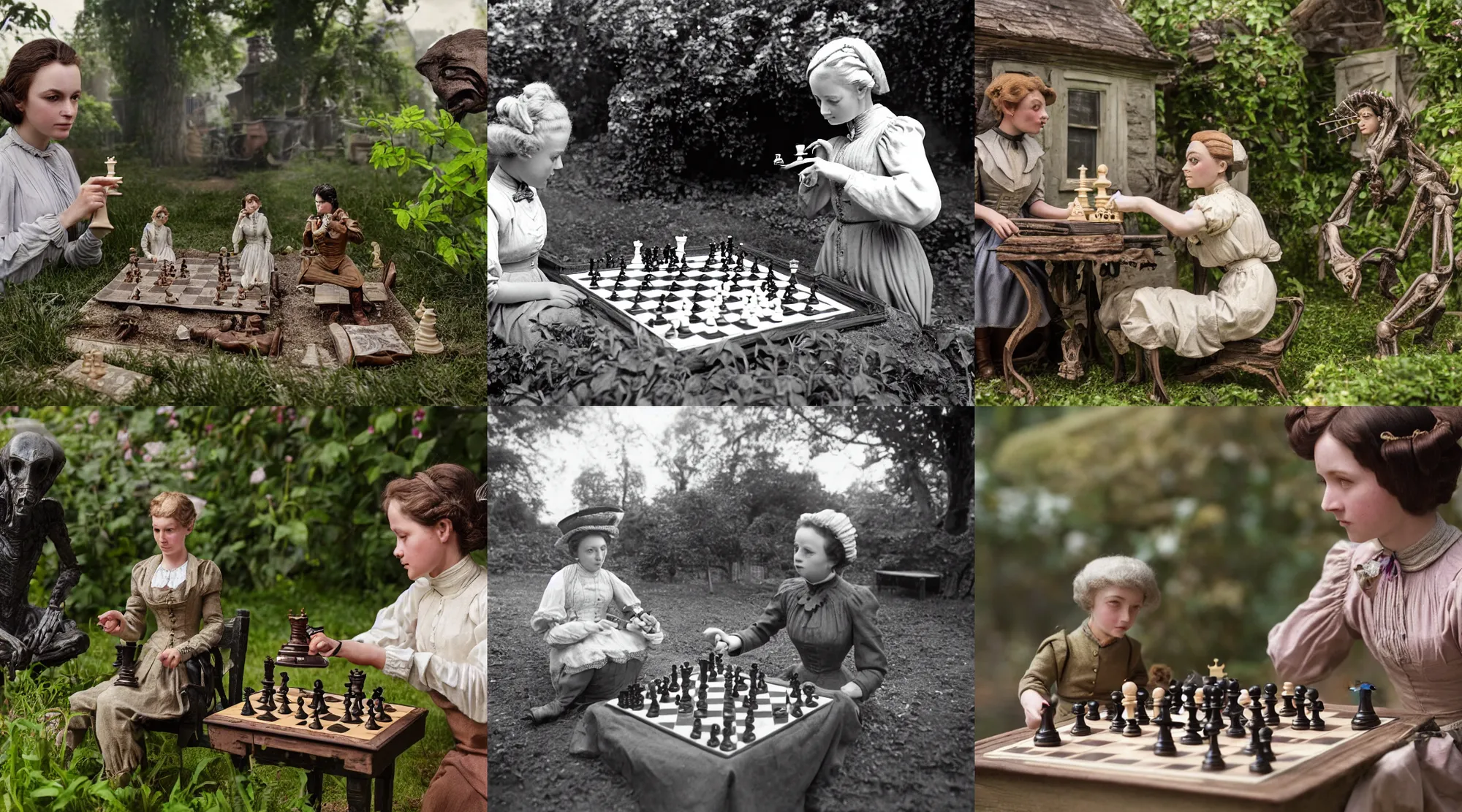 Prompt: detailed, sharp, a girl with short hair, playing chess with her pet human alien, wearing 1860s era clothes, in the garden of a house on an alien planet, extremely highly detailed, hyperrealistic, highly detailed faces, 70 mm film still from a period sci fi movie, 4k