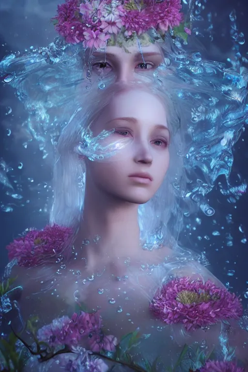 Image similar to ultra realistic 3 d render of a gorgeous goddess made of water and blooming flowers rising out of the water dripping by charlie bowater and farid ghanbari, beautiful, bioluminescent, ethereal, waterfall, intricate, elegant, full body,