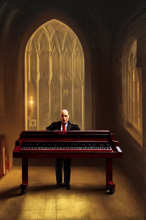 Image similar to an expressive portrait of agent 4 7 playing the piano in a monastery, dark background, red rim light, digital art, artstation, concept art by giger stalenhag