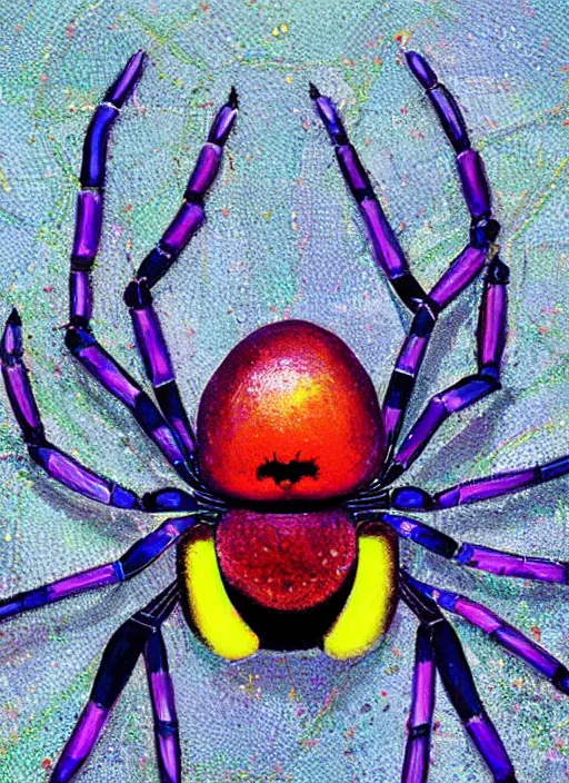 Prompt: a painting of symetrical spider seen from above, made of multicolored crystals, fantasy art, realistic