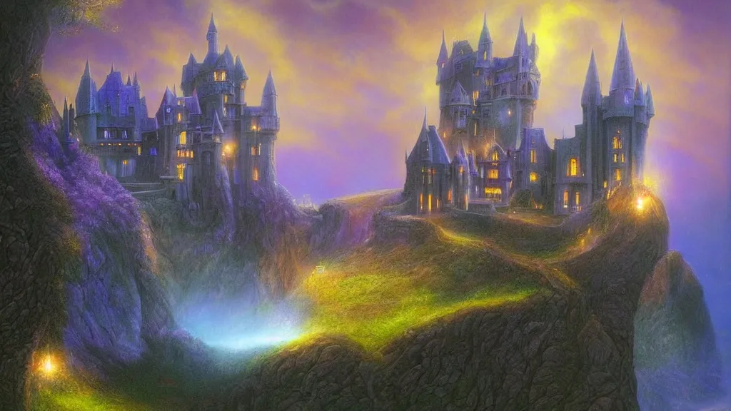 Image similar to beautiful airbrush matte painting of a castle made of light inspired by gilbert williams. clean painting and auora lighting. dark blue and intense purple color palette, art by gilbert williams