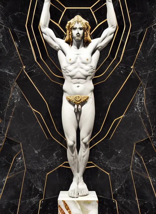 Image similar to stylized onyx black gold lines dark severe lighting ornate statue full body made of marble of judas, perfect symmetrical body, perfect symmetrical face, hyper realistic, hyper detailed, by johannen voss, by michelangelo, octane render, blender, 8 k, displayed in pitch black studio room art deco