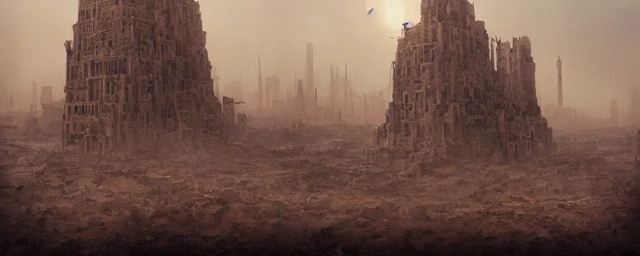 Prompt: tower!!!!!!!!, towers!!!!!!!!, babel!!!!!!!!!!, babylon!!!!!!!!!!, derelict, tall, ancient, atmospheric, beautiful, concept art, desert, civilisation, artstation, hazy, matte painting, highly detailed, volumetric lighting, rays, moody, golden hour, dawn, octane render, digital art, global illumination, city, burning