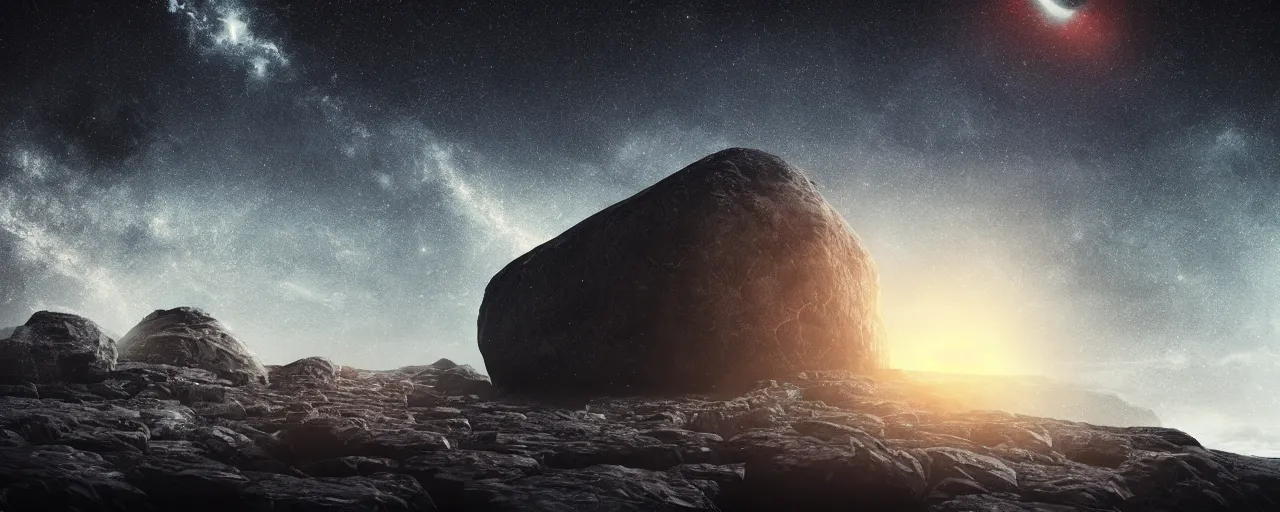 Image similar to ” giant rock in a deep black space with stars, [ cinematic, detailed, epic, widescreen, opening, establishing, mattepainting, photorealistic, realistic textures, octane render ] ”