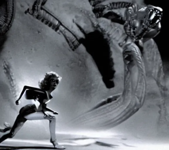 Prompt: a movie still of marlin monroe in the movie alien running from a xenomorph, fear, leg lights, panic