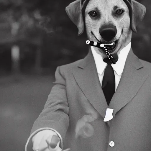 Prompt: a high detail closeup photograph of a dog wearing a suit 👔,and smoking a cigarrette🚬, award wining photograph