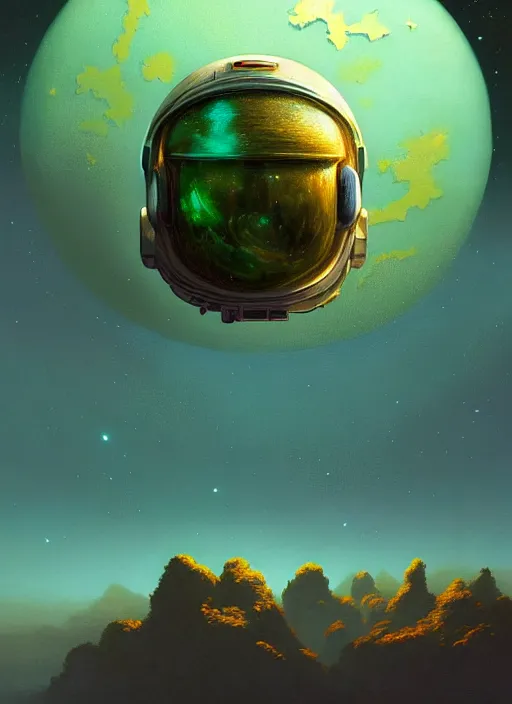 Image similar to extremely detailed, astronaut, lush planet, soft light, jade green, golden glow, diffuse lighting, fantasy, intricate, surrealism!!!!, highly detailed, lifelike, photorealistic, digital painting, artstation, illustration, concept art, smooth, sharp focus, by greg rutkowski, chris tulloch mccabe, valentina remenar and asher duran,