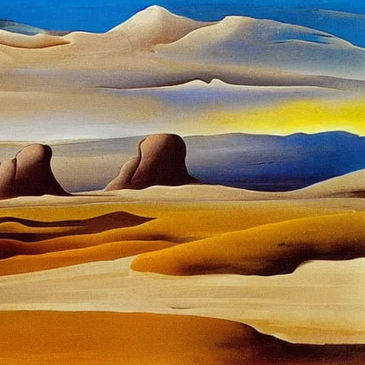 Prompt: a beautiful painting of a desert landscape by salvador dali