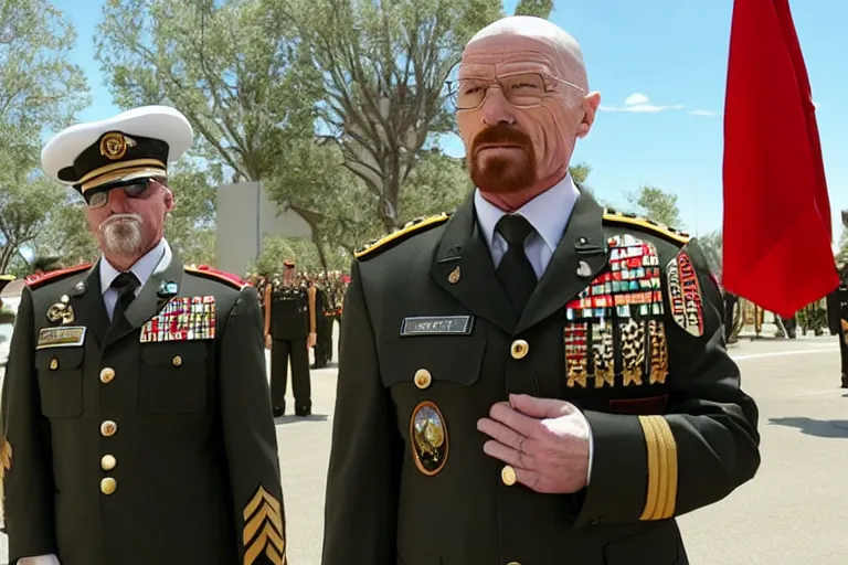 Prompt: A photo of Walter White as the supreme commander of the army standing at a military parade