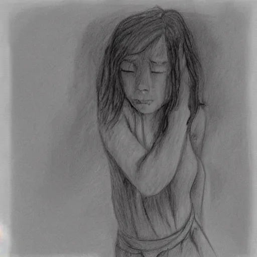 Prompt: backside photograph of a girl holding the bathroom sink with both hands in a dark room and crying, textured pencil sketch