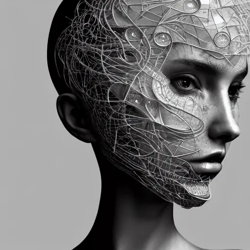 Image similar to closeup portrait of an absurdly beautiful, graceful, sophisticated, fashionable cyberpunk mechanoid gravure idol, an ultrafine hyperdetailed illustration by irakli nadar, matt wisniewski style, fashion photography, intricate linework, porcelain skin, jellyfish headdress, fractal ivory carved ruff, unreal engine 5 highly rendered, global illumination, radiant light, detailed and intricate environment