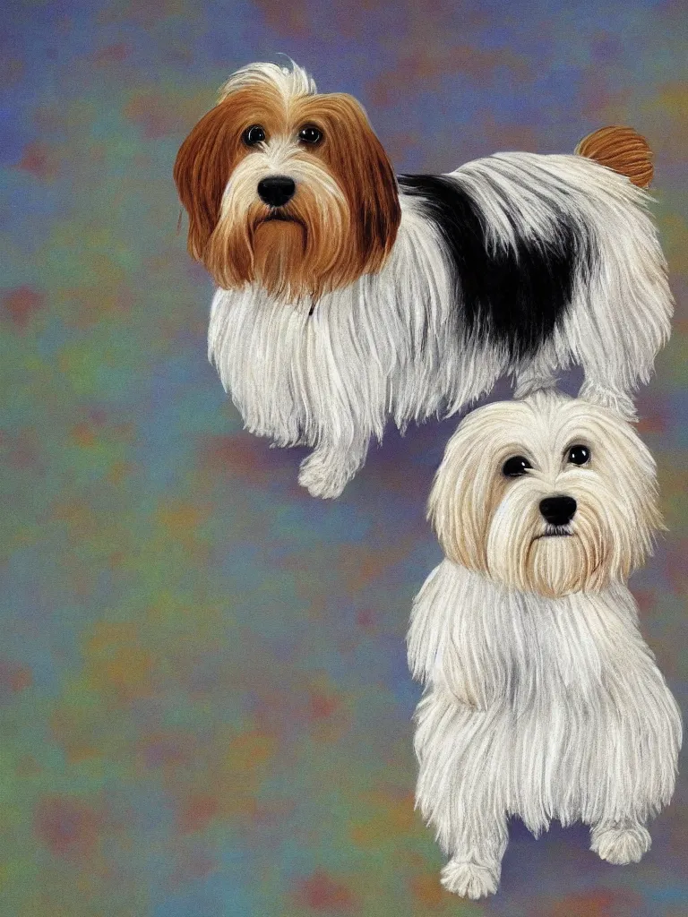 Image similar to portrait of a cream colored havanese dog, surreal background, by frieda kahlo