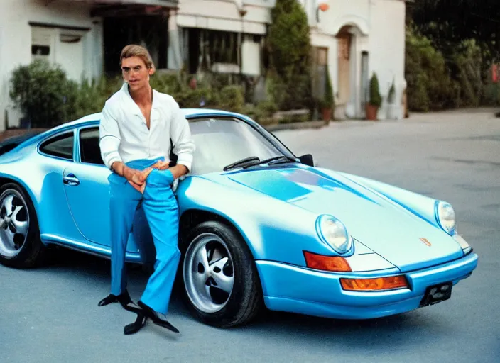 Image similar to color photo of a cool handsome photomodel in a blue suite with arms crossed arms leaning against a white porsche 9 1 1 in the 8 0's. girl beside him