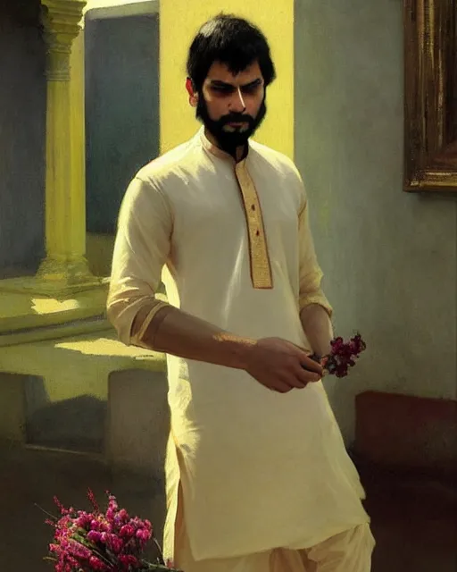 Image similar to a guy in a kurta waiting for his love to come, holding flowers, art by greg rutkowski, gustave courbet, rosa bonheur, edward hopper. faithfully depicted facial expression, perfect anatomy, sharp focus, global illumination, radiant light, detailed and intricate environment, trending on artstation