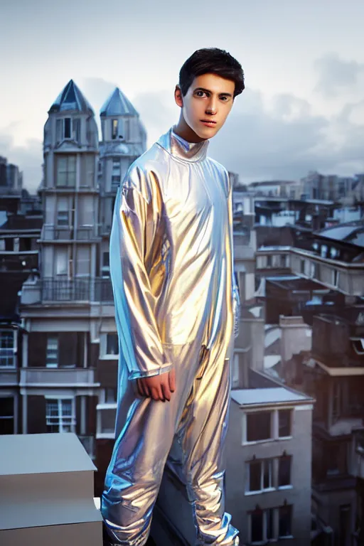 Image similar to un ultra high definition studio quality photographic art portrait of a young man standing on the rooftop of a british apartment building wearing soft baggy padded silver iridescent pearlescent clothing. three point light. extremely detailed. golden ratio, ray tracing, volumetric light, shallow depth of field. set dressed.