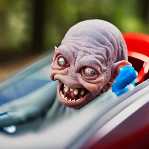 Prompt: a ugly human looking like gollum, driving in a little toy car