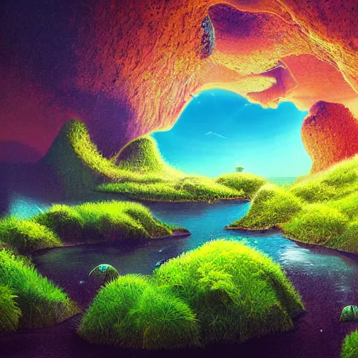 Prompt: digital painting of a lush natural scene on an alien planet by sachiko butou. ultra sharp high quality digital render. detailed. beautiful landscape. colourful weird vegetation. cliffs and water.