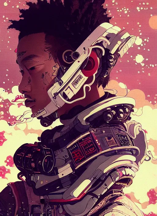 Image similar to a beautiful ukiyo painting of rapper pop smoke as a timepunk battle space pilot, wearing space techwear, detailed close up portrait, intricate complexity, concept art, by takato yamamoto, wlop, krenz cushart. cinematic dramatic atmosphere, sharp focus, digital full likeness art. center frame